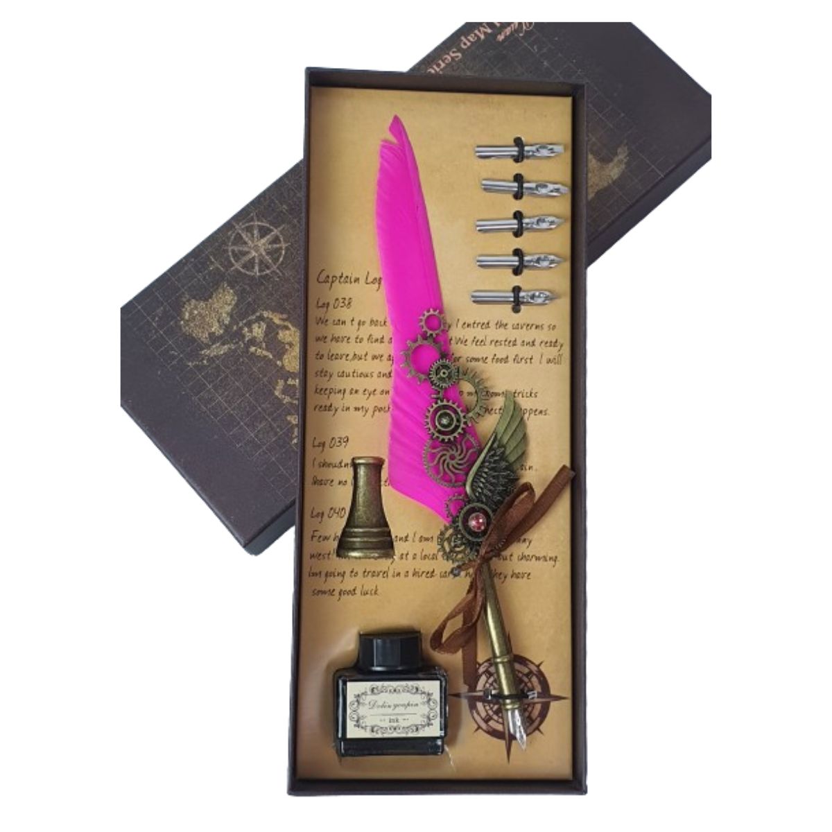 Kit Caneta Tinteiro Pena Engrenagem Rosa Kit Caneta Tinteiro Pena Engrenagem Rosa